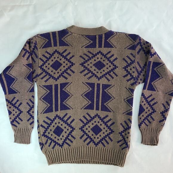 Vintage 90's taupe purple tribal Aztec crew knit sweater womens Small - Picture 2 of 5